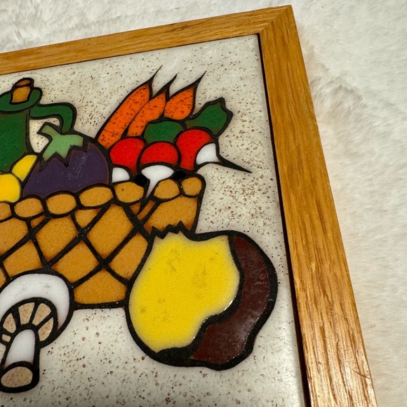 Vintage Food Vegetable Tile Trivet Wall Art Wooden Framed Mushrooms Carrots MCM - Picture 3 of 7